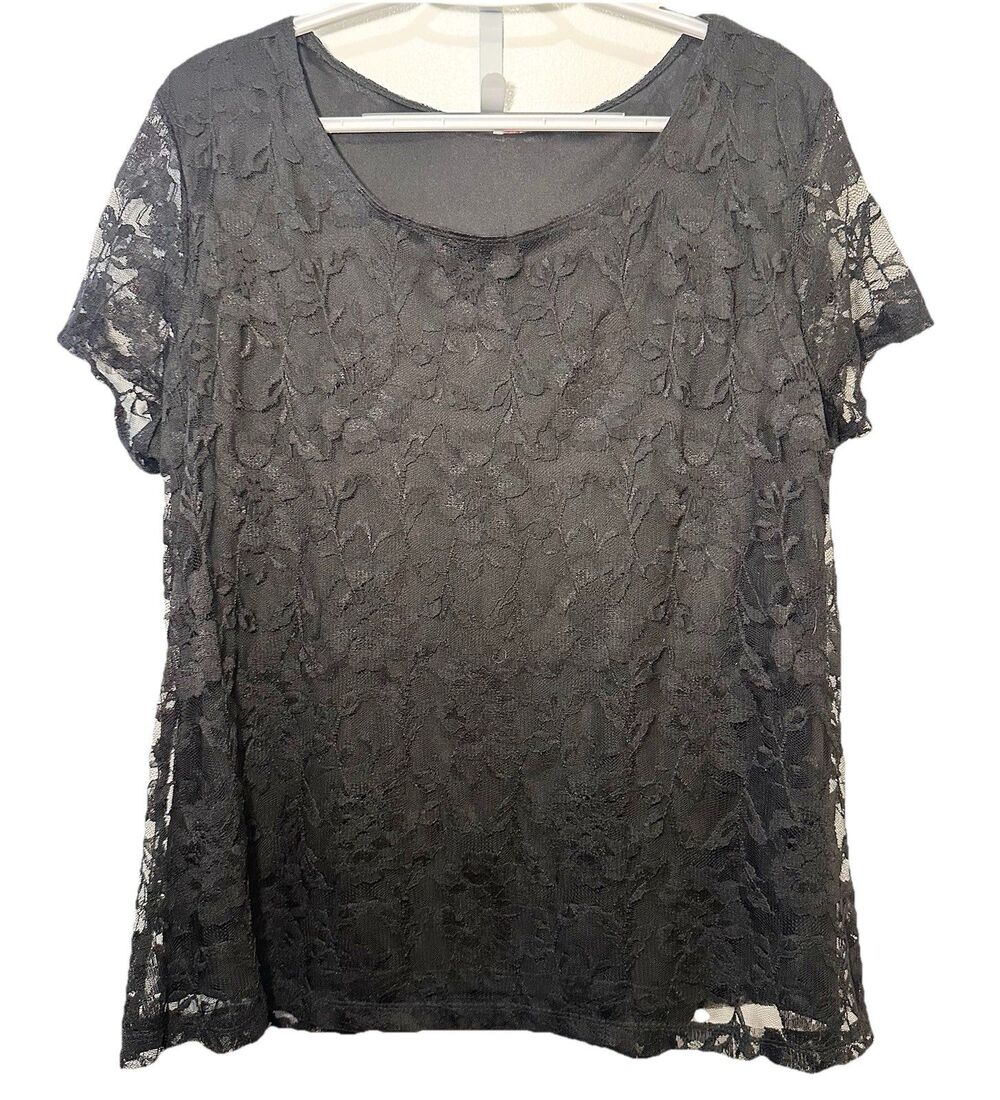 Isaac Mizrahi Black Lace Short Sleeve Top XXL Sheer Lined Stretch